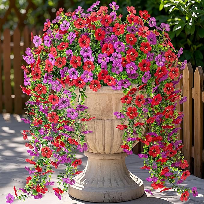 Artificial Hanging Flowers for Outdoors Faux Plants Decoration, 2 Packs Fake Silk Daisy Flower Realistic Outdoor Flowers UV Resistant Porch Patio Window Yard Outside Decor(Red Purple)