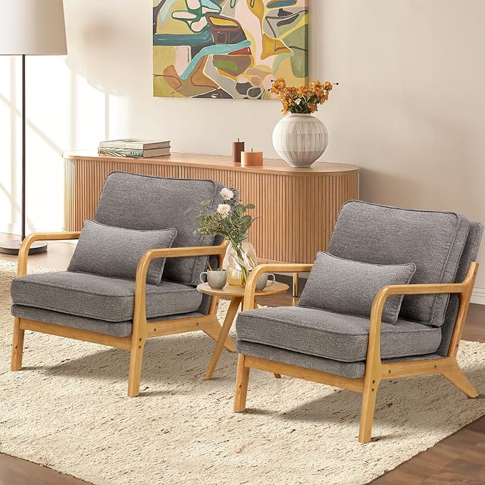 Modern Accent Chair Set of 2 with Lumbar Pillow, Relaxing Mid Century Chair Armchair with Solid Wood Frame & Soft Cushion, Reading Leisure Armchair for Living Room, Grey