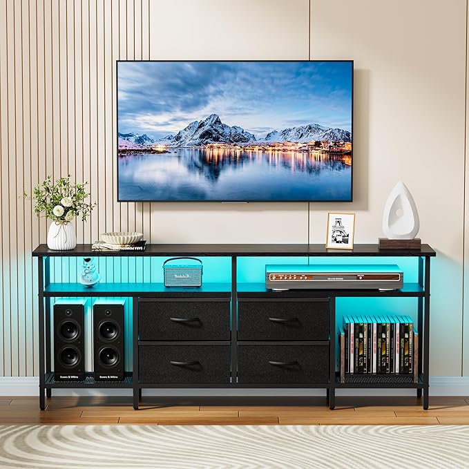 JUSTOGO TV Stand for 55/60/65/70 Inch TV, Modern Entertainment Center with LED Lights and Power Outlets, TV Stand with Drawers and Shelves, Media Console with Storage for Living Room Bedroom, Black