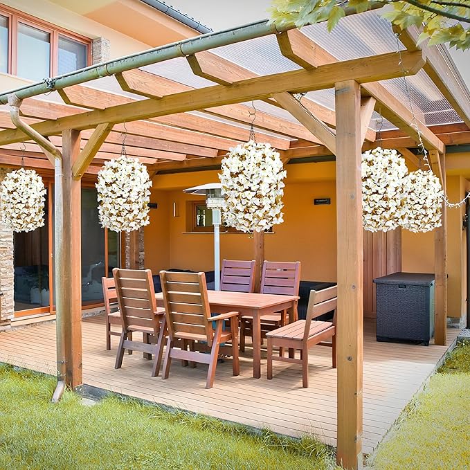 Bougainvillea Artificial Fall Flowers Fake Plants for Outdoors Autumn Decoration, 3PCS Faux Silk Hanging Trailing Vines with Baskets UV Resistant Realistic for Front Door Patio Balcony, Fall White