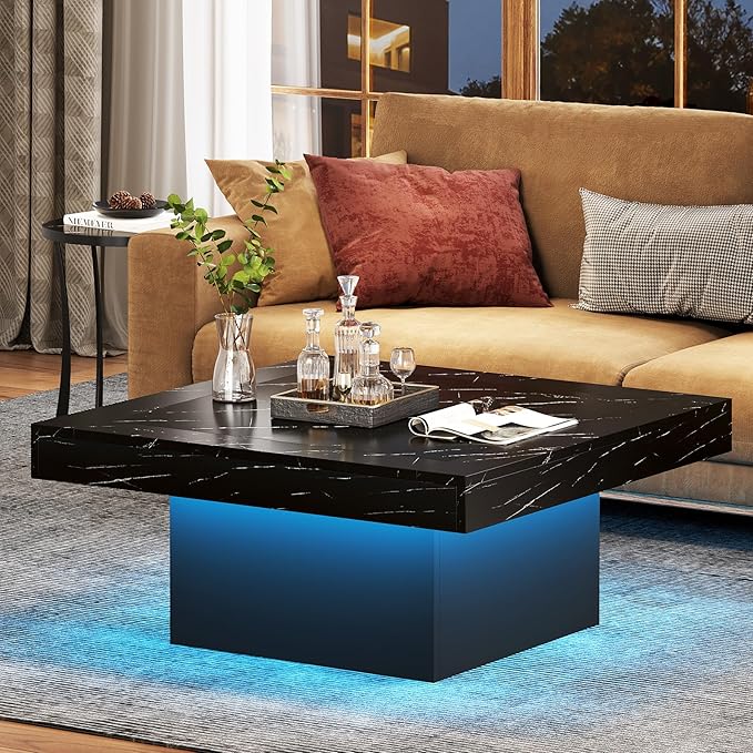 Tribesigns LED Coffee Table Square Engineered Wood Low Coffee Table for Living Room (Faux Marble Black+Black)