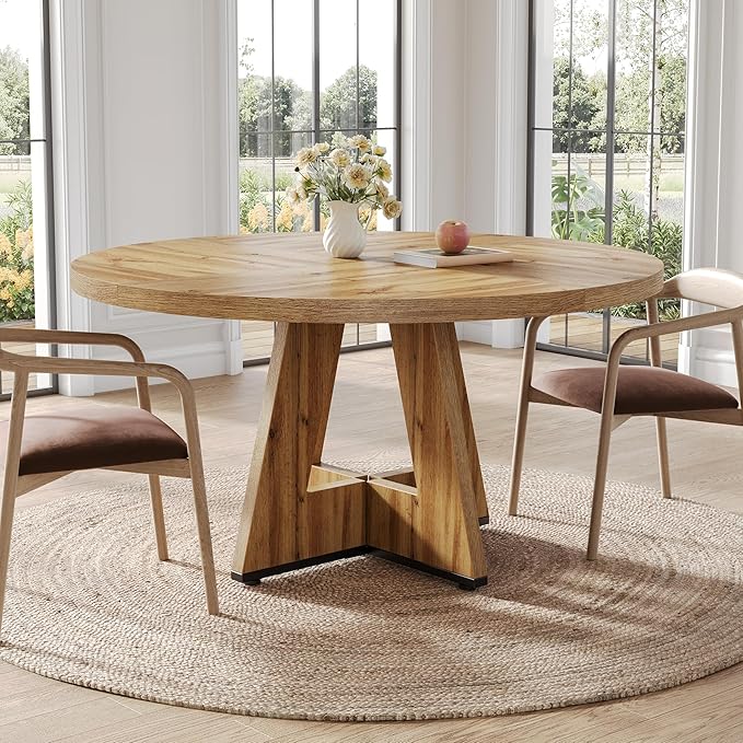 LITTLE TREE Round Dining Table for 4-6 People, 47 Inches with Wooden Pedestal Base, Modern Dinner Table for Dining Room, Kitchen, Living Room
