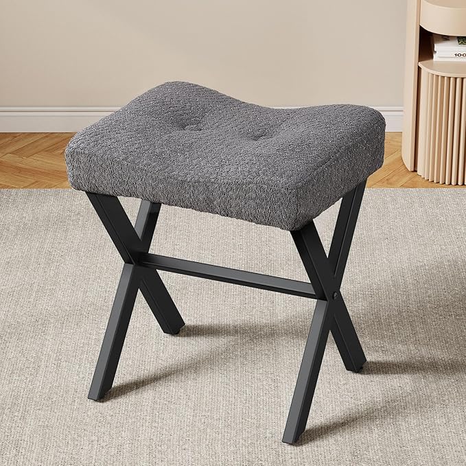 18-Inch Vanity Stool Chair, Vanity Bench with Metal X-Legs, Ottoman Accent Stool with Breathable and Soft Boucle Fabric Saddle Seat, Grey