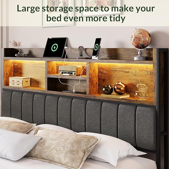 LARMACE King Bed Frame with 6 Storage Drawers, Bed Frame King Size with Linen Upholstered Headboard, Built in Charging Station and LED, No Noise, Metal Support, No Box Spring Needed,Vintage Brown