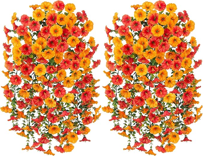 Artificial Faux Fall Hanging Flowers Plants for Outdoor Decor,2 PCS Fake Silk Morning Glory with Eucalyptus UV Resistant Realistic Vine for Wall Home Porch Patio Balcony Yard Decor,Yellow and Orange