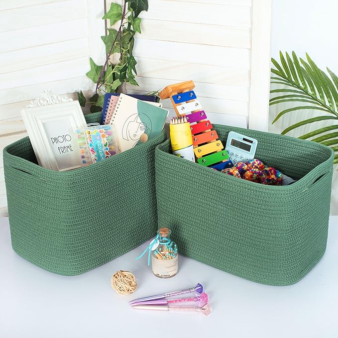 MINTWOOD Design 3-Pack Decorative Woven Storage Baskets for Shelves, Cube Bin Box for Organizing Books, Shoes, Dog Toys, Pantry Closet and Living Room Organizer, Forest Green
