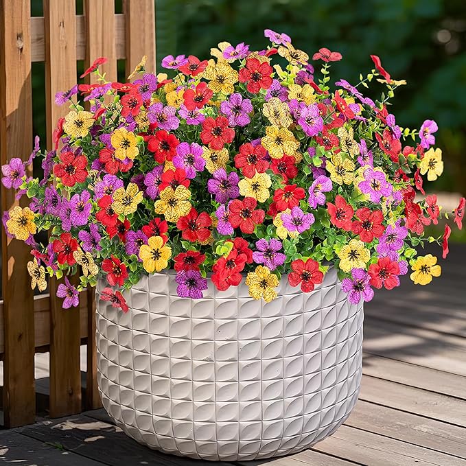 Fall Mums Artificial Flowers for Outdoors Potted, 12 Bundles Fake Fall Daisy Flower with Realistic Eucalyptus Leaves, Fake Plants for Greenery Boxwood Porch Patio Garden Pot Lawn(Red Purple Yellow)