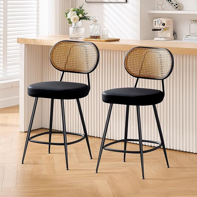 BFZ Counter Height Bar Stools Set of 2, 26" Seat Height Barstools with Rattan Back and Metal Legs, Upholstered Faux Leather Bar Chairs for Kitchen Island, Home Bar, Black