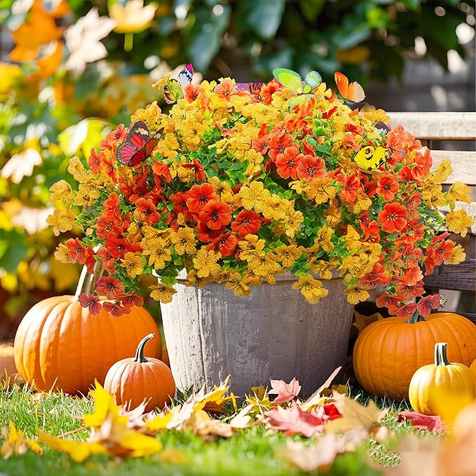 ‌20 Bundles Artificial Flowers for Outdoors‌ with 6 Faux Butterflies, UV Resistant ‌Fake Flowers‌ with Eucalyptus Leaves, ‌Artificial Plants Outdoor‌ for Patio Garden Porch Home Decor (Orange Yellow)