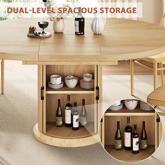 Extendable Round Kitchen Dining Room Table for 4-6 with 2-Tier Storage Shelf, 63'' Space Saving Expandable Wood Oval Circle Dinner Furniture with Pedestal Base (Natural Oka)