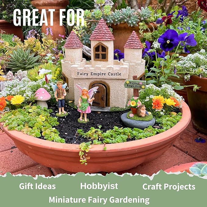 PRETMANNS Fairy House Kit - Fairy Garden Accessories for Outdoor Miniature Village Decor, with Castle, Prince and Princess Fairies & Sign - House, 9’ High & Door can Open Wide - 4 Piece Supplies