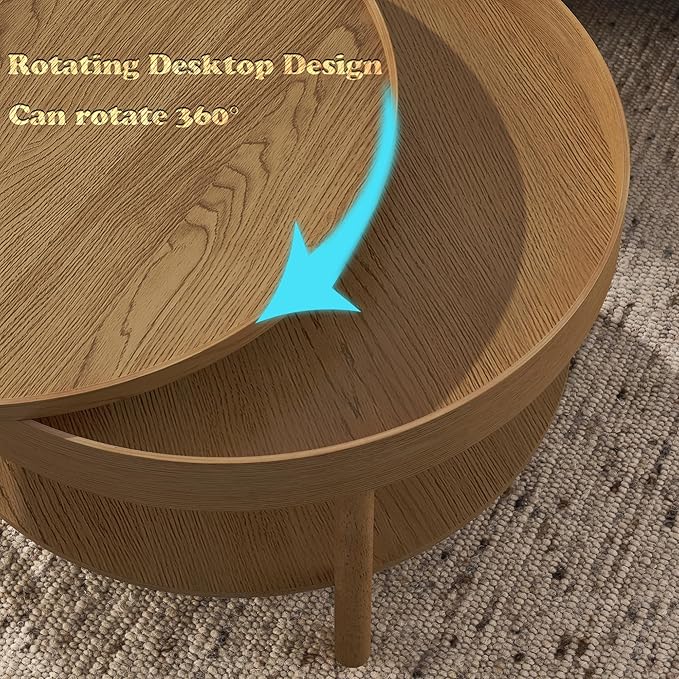 Round Coffee Table,Living Room Table with 3 Tiers 31.5 Inch Storage Pivoting Table with 3 Tiers, Made Entirely of Rubberwood and MDF Board (Brown 31.5" x 31.5" x 17.75")