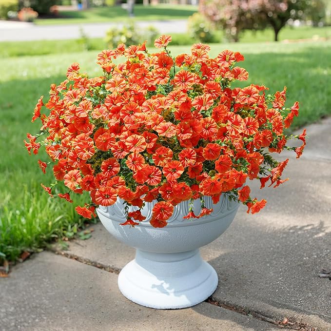 Fake Fall Flowers Artificial Flowers Plants for Outdoors Autumn Decoration, 12 Bundles Orange Silk Morning Glory with Eucalyptus Realistic UV Resistant Faux Flower Greenery for Outside Yard Garden