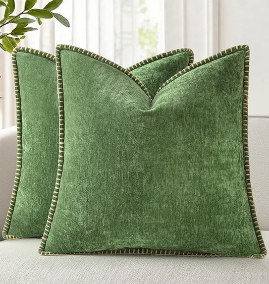 decorUhome Fall Chenille Soft Throw Pillow Covers 24x24 Set of 2, Farmhouse Velvet Neutral Decorative Euro Pillow Covers with Stitched Edge for Couch Sofa Bed Home Decor, Forest Elf