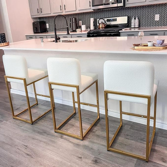 ALPHA HOME 24” Bar Stools Set of 3 Counter Height Bar Stool Pu Leather Kitchen Modern Bar Stools with Backrest Upholstered Footrest Sturdy Chromed Metal Steel Frame, Off-White