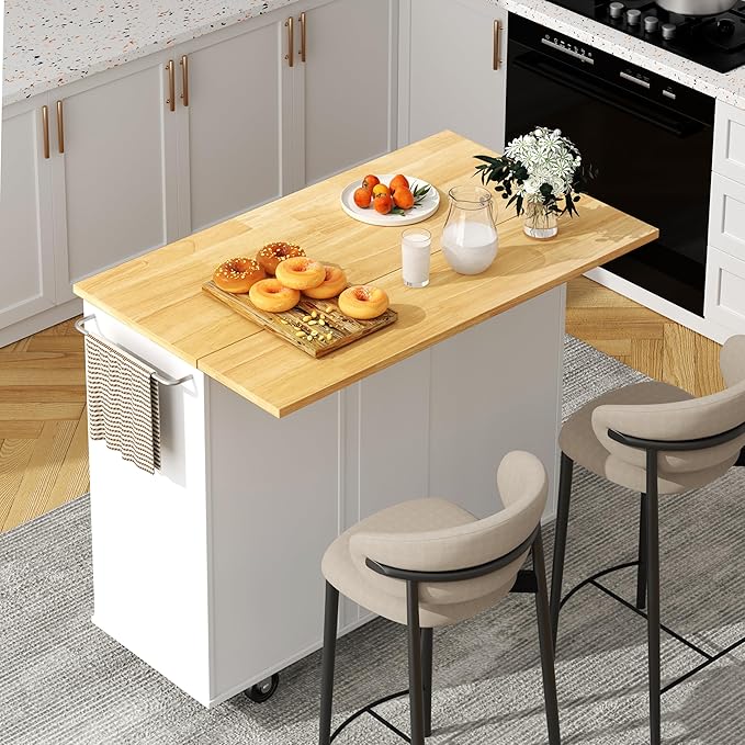 Shintenchi Kitchen Island with Folding Drop Leaf, Rolling Island Table with Storage, Kitchen Cabinet on Wheels with Seating Area for Kitchen, Bar Cart with Cabinet, White