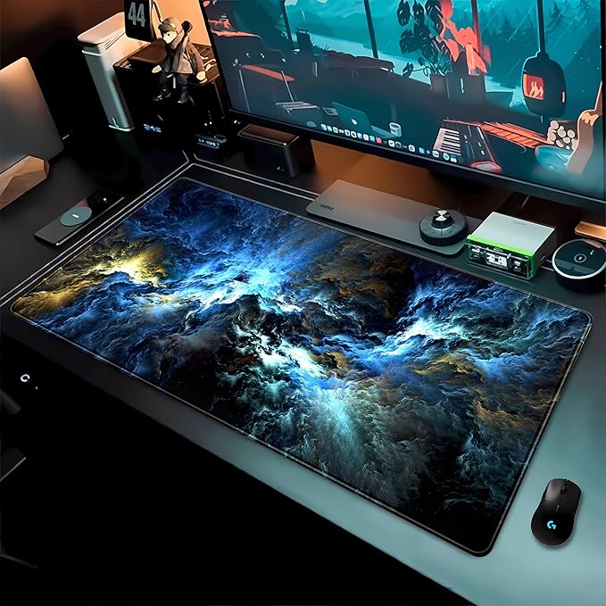 Cool Blue Waves Desk Mat XXL Gaming Mouse Pad, Large Extended Non-Slip Rubber Base Mousepad, Keyboard Mouse Mat, Desk Pad with Stitched Edges 31.5x15.75 in, Desktop Accessories Mat for Women