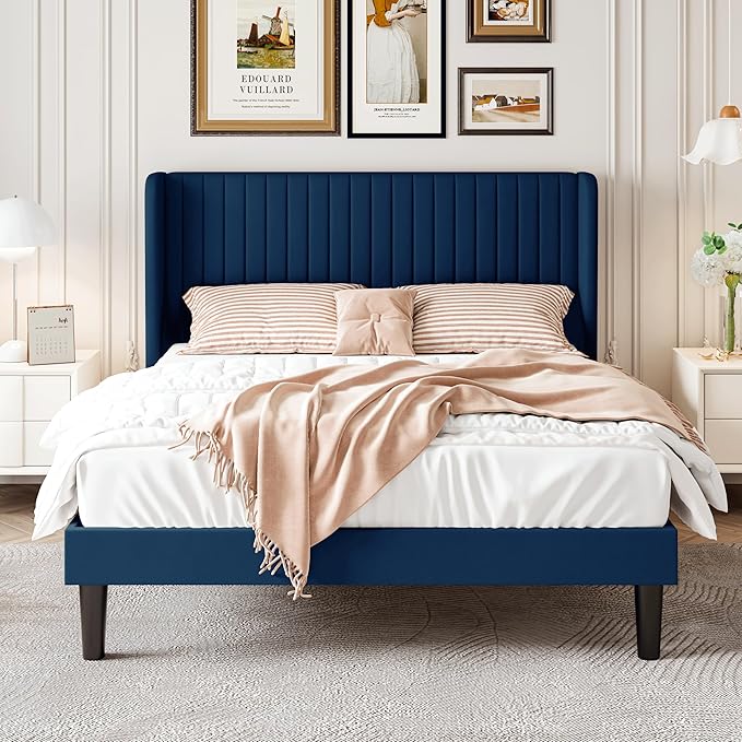 SHA CERLIN Queen Size Velvet Bed Frame with Vertical Channel Tufted Wingback Headboard, Upholstered Platform Bed with Wood Slats, No Box Spring Needed, Easy Assembly, Blue