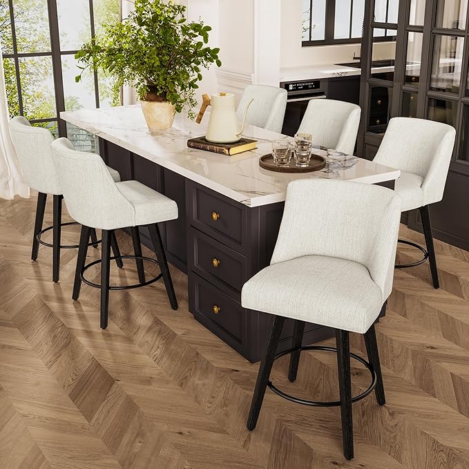 Counter Height Bar Stools Set of 6, Modern Swivel Barstools with Back and Wood Legs, Linen Fabric Upholstered Bar Chairs, 26" H Kitchen Counter Stools, Kitchen Island Home Bar, Ivory