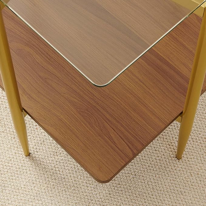 Square Glass End Table, Mid-Century Modern Sofa Table, L20*W20*H23 inch for Living Room, 2-Tier Structure, Clear Glass Top and Walnut MDF Shelf, Sleek Conical Metal Legs with Gold Finish