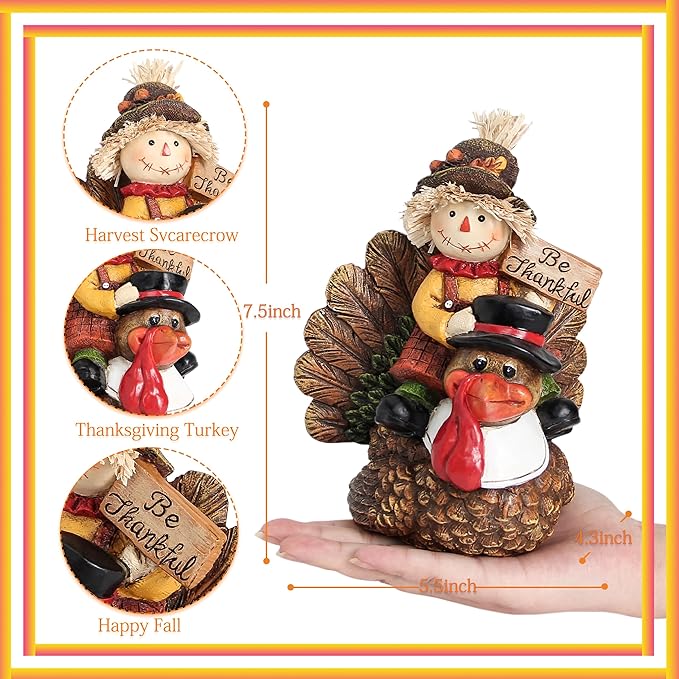 Thanksgiving Turkey Statue and Fall Scarecrow for Home Deocr, Turkey and Scarecrow Figurines Indoor Decorations Thanksgiving Autumn Harvest Gift Table Centerpieces