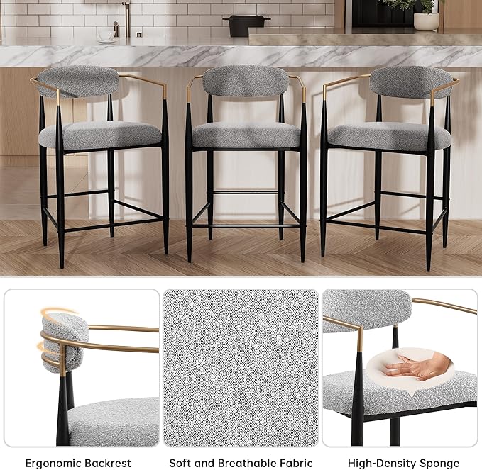 Morden Fort Counter Height Bar Stools Set of 2, Modern Upholstered Counter Stools with Gold Arms and Black Metal Legs, 26" Island Chairs for Kitchen and Home Bar