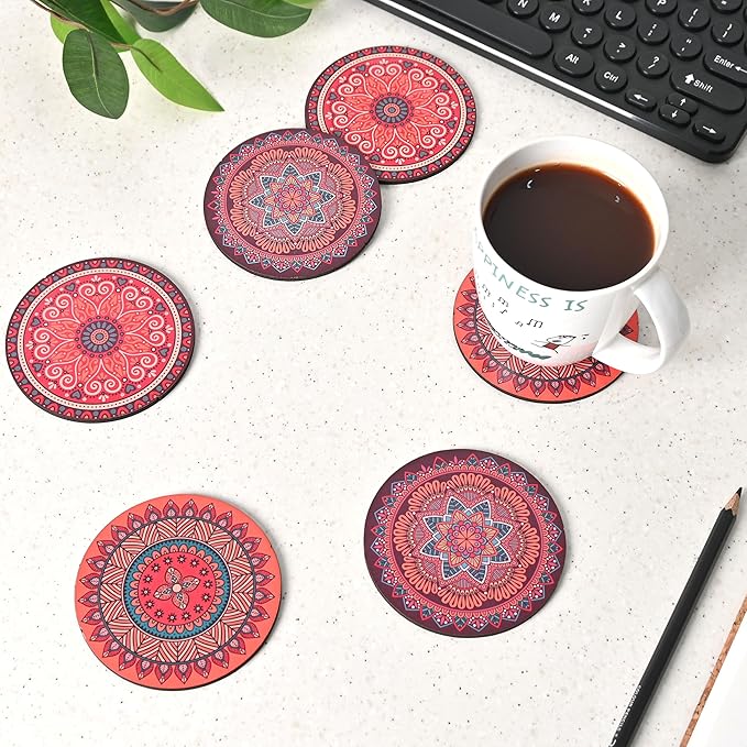 GKD Wooden Coasters for Drinks, Coasters Set of 6 with Holder, 3.5 inches Eco-Friendly Absorbent Coaster for Coffee Table, Bar, Drinking Glasses, Tabletop Protection (1, Rangoli)