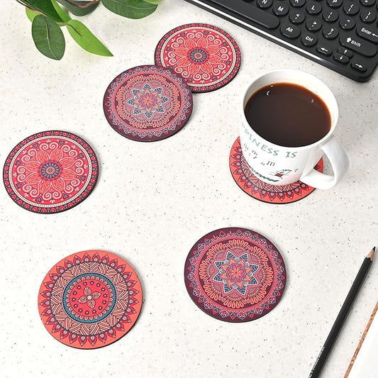 GKD Wooden Coasters for Drinks, Coasters Set of 6 with Holder, 3.5 inches Eco-Friendly Absorbent Coaster for Coffee Table, Bar, Drinking Glasses, Tabletop Protection (1, Rangoli)