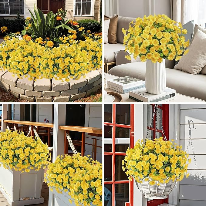 Ouddy Decor 24 Bundles Artificial Flowers for Outdoors Decoration Fake Silk Morning Glory Flowers Faux Eucalyptus Plants UV Resistant for Porch Patio Garden Spring Summer Home Decor, Yellow