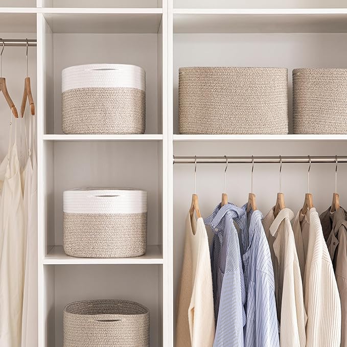 UBBCARE 3-Pack Woven Rope Shelf Baskets - 15x10x9in Decorative Storage Basket for Toys, Kids Playroom, Closet Organization & Cube Storage Organizer | Gift Basket Empty, Light Brown