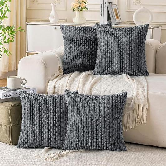 Set of 4 Medium Grey Decorative Throw Pillow Covers 24x24 Inch Corduroy Pillow Covers for Bed Couch Sofa Living Room Soft Square Cushion Cases