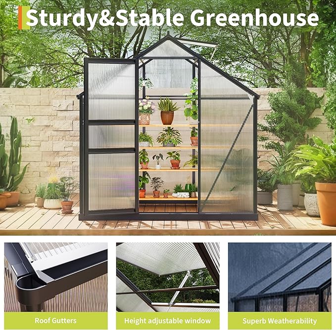 6X8 FT Outdoor Walk in Greenhouse,Polycarbonate Green House Vented Roof Window,Heavy Duty Greenhouse with Aluminum Frame for Backyard Patio Gardening