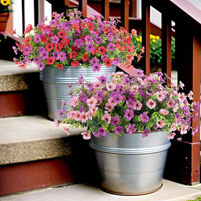 Artificial Fake Plants Flowers for Outdoor Fall Decor, 12 Bundles Faux Silk Mums for Planter Pot Colorful UV Resistant Look Real for Front Door Porch Patio Outside Yard(Purple Pink)
