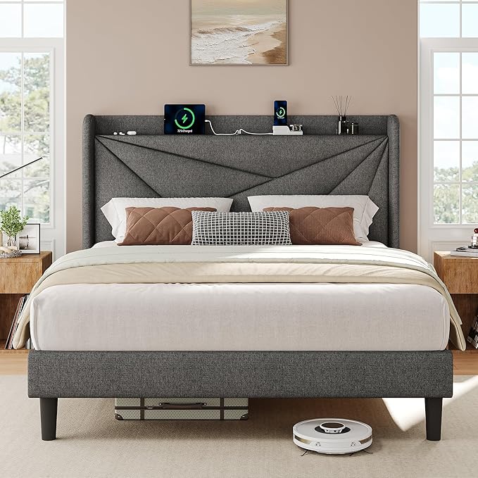 iPormis Queen Size Bed Frame with Charging Station, Linen Platform Bed Frame with Wingback Headboard Upholstered Bedframe, Solid Wood Slats Support, No Box Spring Needed, Easy Assembly, Dark Grey