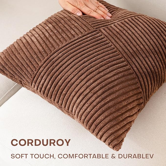 Decorative Throw Pillow Covers 16x16 Inch Set of 2 for Boho Living Room Farmhouse Home Decor, Spring Pillow Covers for Couch Bed, Soft Corduroy Striped Patchwork Cushion Cases, Terracotta