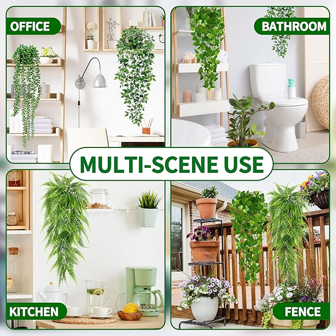 Artificial Hanging Plants for Shelf, 4 Pack Fake Potted Greenery Plant Faux Mandala Vine, String of Pearls, Ivy Vine,Persian Grass Fern in Pot for Desk Home Bathroom Farmhouse Room Table Decor