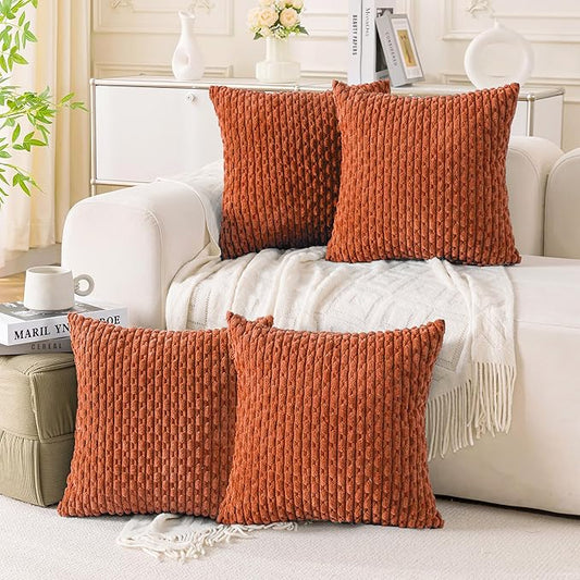Set of 4 Burnt Orange Decorative Throw Pillow Covers 20x20 Inch Corduroy Pillow Covers for Bed Couch Sofa Living Room Soft Square Cushion Cases