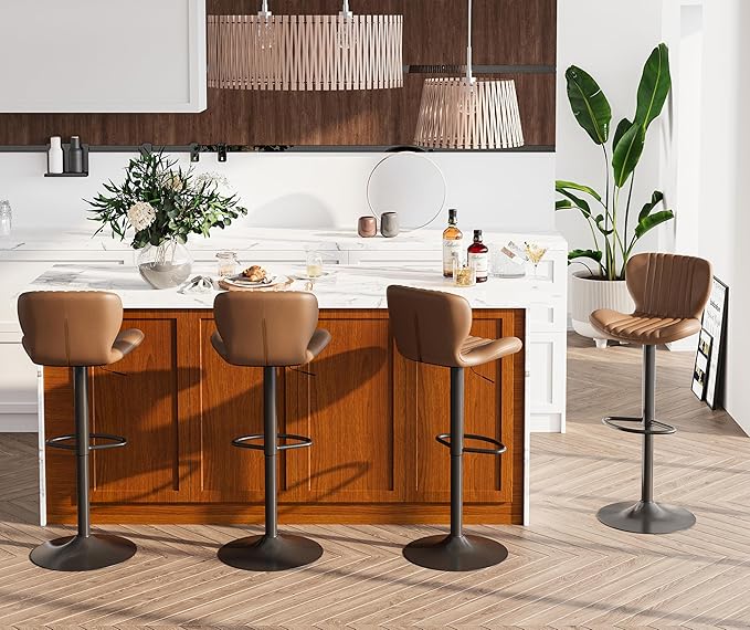 Bar Stools Set of 4, Modern Swivel Bar Stools with Shell Shaped Backrest, Adjustable Counter Height Bar Chairs for Kitchen, Island, Bar, Dining Room, Brown