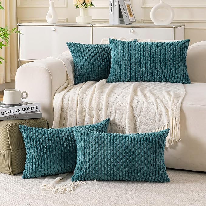 Set of 4 Teal Decorative Throw Pillow Covers 12x20 Inch Corduroy Pillow Covers for Bed Couch Sofa Living Room Soft Cushion Cases