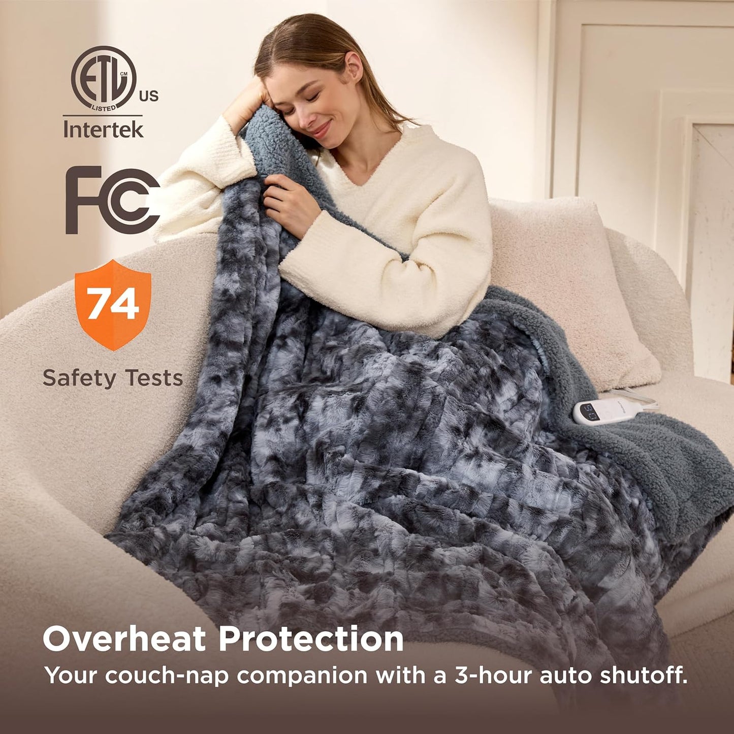 Bedsure Faux Fur Heated Blanket Throw Blanket, Fast Heating Electric Blanket with 6 Heating Levels & 4 Time Settings, Cozy Gifts for Women Men (50x60 inches, Grey)