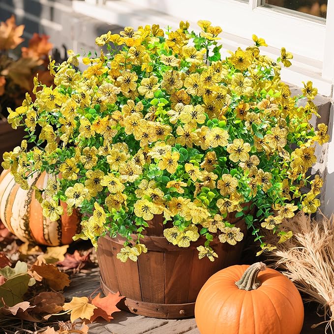 Artificial Fake Fall Yellow Mums Flowers Plants for Outdoor Outside, 12 Bundles Autumn Faux Silk Daisy UV Resistant Realistic for Porch Patio Home Window Box Yard Garden Planter