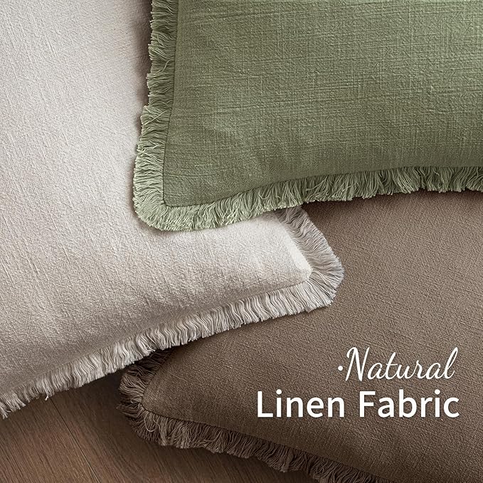 MIULEE Decorative Throw Pillow Covers Neutral Linen Fringe Throw Pillows Set of 2 Cocoa Brown Boho Farmhouse Cushion Covers for Couch Sofa Bed Living Room Spring Home Decor 18x18 Inch