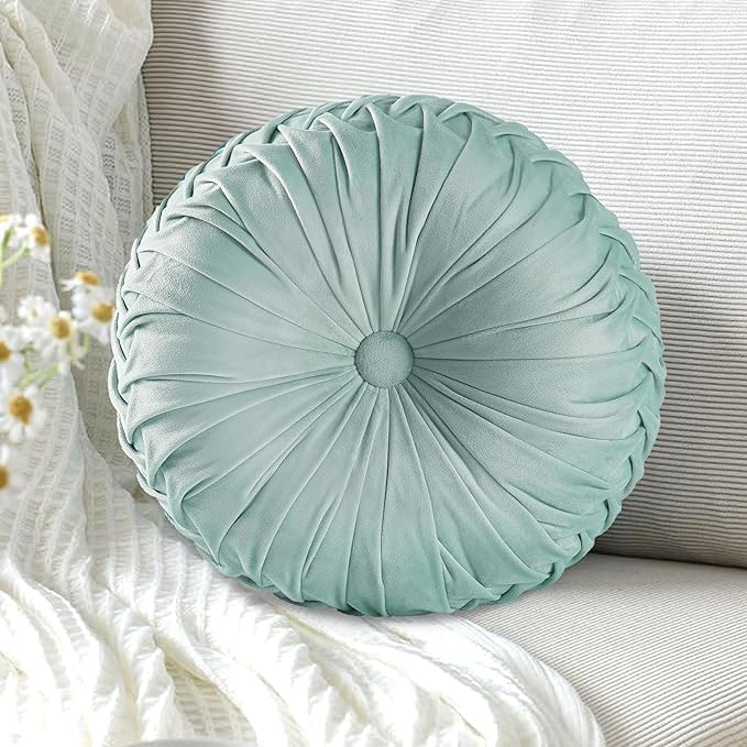 HIG Set of 2 Aqua Ruched Velvet Round Throw Pillows – 14.5’’ Decorative Pillows with Soft Polyester Filling for Couch, Bed, Living Room, Bedroom, or Dorm – Handmade, Stress Relieving, All-Season