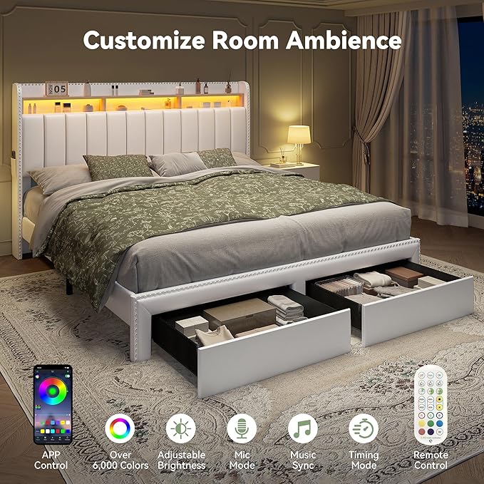 Torana Full LED Bed Frame with 2 Drawers, PU Leather Upholstered Storage Wingback Headboard Beds, Channel Tufted Platform Bedframe with Rivet Decor, No Box Spring Needed, White