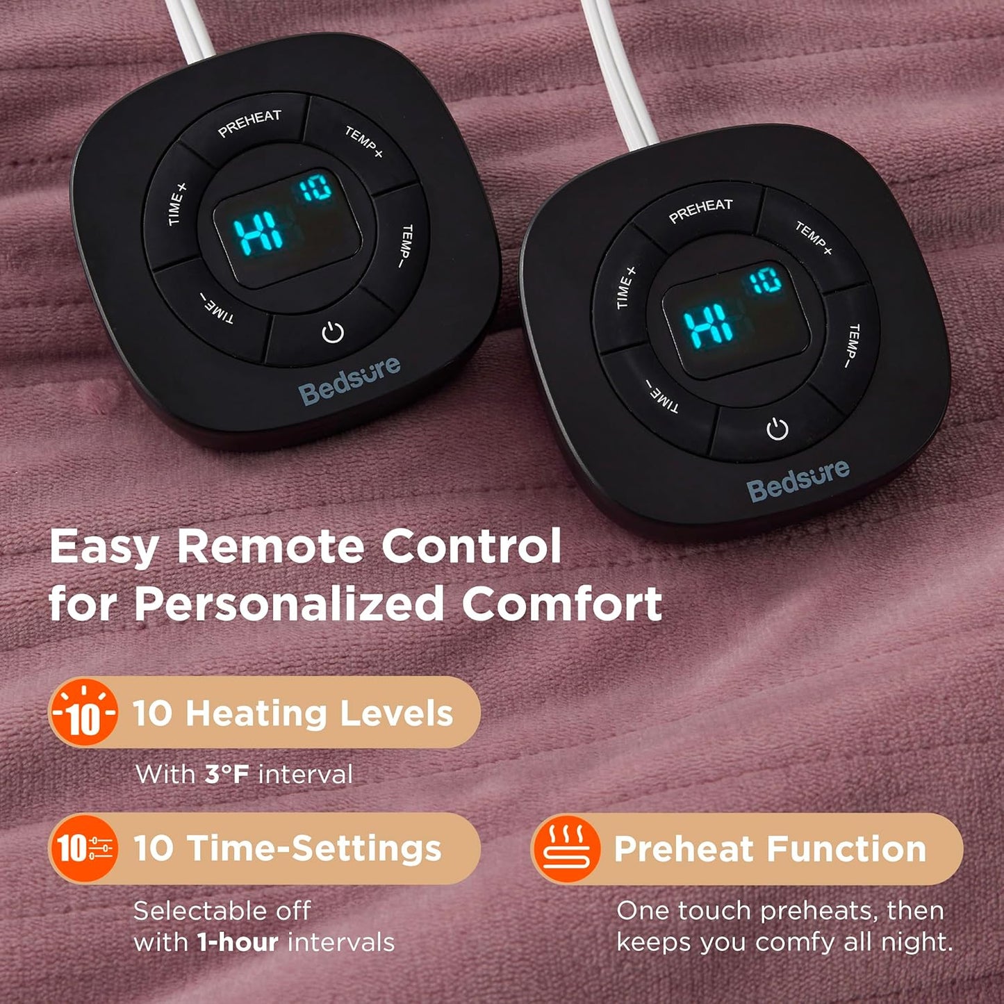 Bedsure Electric Blanket Queen Size - Dual Control Heated Blanket Queen, Fast Heating with 10 Time Settings & 10 Heat Settings, Warm Gift for Grandma (84x90 inches, Woodrose)