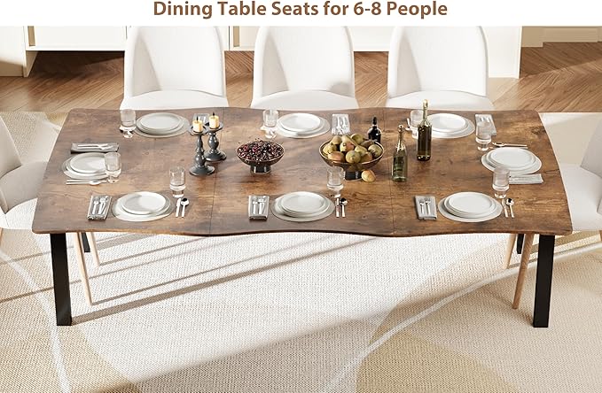 70.9”Dining Table with Wave Irregular Edge, 15mm Thick MDF Top & Metal Frame, for Kitchen, Quick Assembly, Wooden Kitchen Table for 6-8, Waterproof Scratch-Resistant, Retro Brown