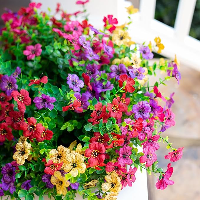 Artificial Fake Plants Flowers for Outdoor Outside Spring Summer Decoration, 12 Bundles Faux Silk Colorful Mix Daisy UV Sun Resistant Realistic for Porch Patio Home Planter Window Box Yard