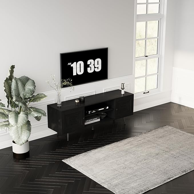 Modern TV Stand with Storage Cabinet, Wood Fashionable TV Cabinet with Waveform Panel and Adjustable Shelf, Entertainment Center TV Stand for TV, Living Room (Advanced Black