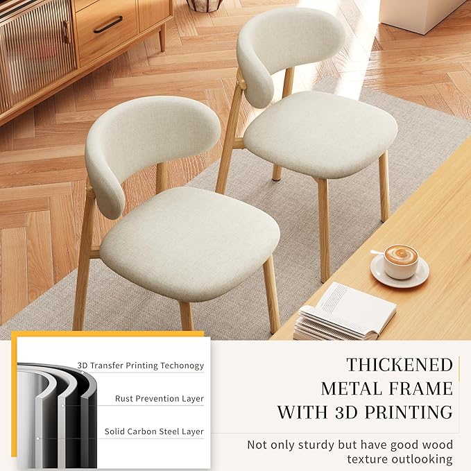 Kitchen Dining Chairs Set of 2 Modern Soft Linen Farmhouse Dining Room Chair with Metal Legs, Beige/Original