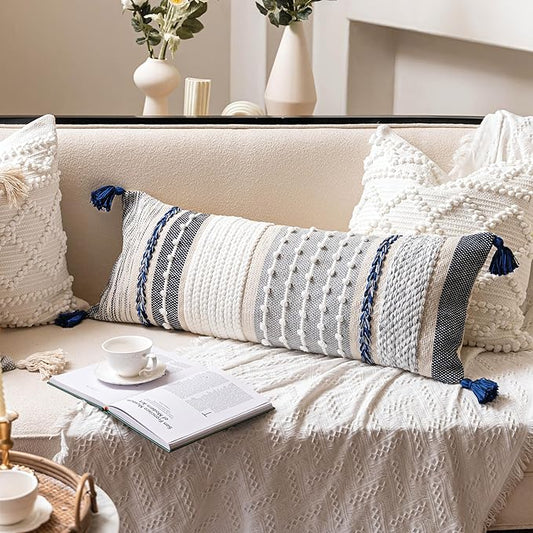 BlissBlush Navy Dark Blue Boho Decorative Lumbar Pillow Cover 14x36, Long Body Pillow for Bed, Accent Lumbar Throw Pillow for Couch, Modern Farmhouse Textured Pillowcase